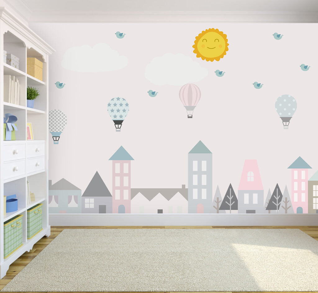 Bina, Balon ve Güneş Desenli 3D Duvar Kağıdı | Duvar Kağıdı Marketi
