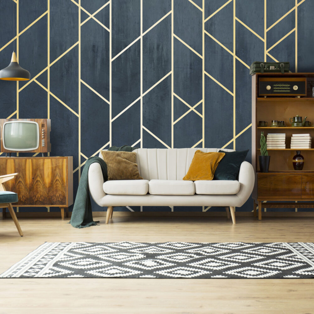 Geometrik Desen 3D Çizgisel Altın Renklerinde Duvar Kağıdı Poster