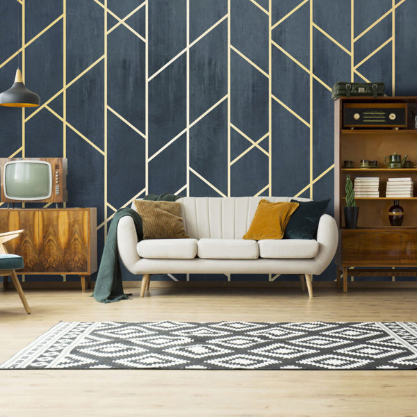 Geometrik Desen 3D Çizgisel Altın Renklerinde Duvar Kağıdı Poster