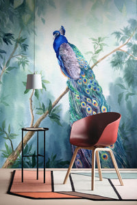Tavus Kuşu Desenli 3D Dalda Duran Duvar Kağıdı Poster