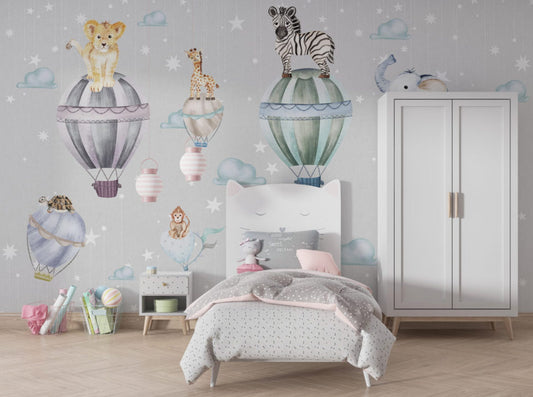 Balonun Üstünde Uçan Hayvan Desenli 3D Duvar Kağıdı | Duvar Kağıdı Marketi