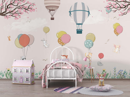 Soft Pembe Uçan Balonlu Hayvanlar 3D Duvar Kağıdı | Duvar Kağıdı Marketi