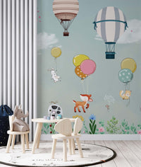 Tonların'da Uçan Balonlu Hayvanlar 3D Soft Mavi Duvar Kağıdı Poster