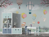 Tonların'da Uçan Balonlu Hayvanlar 3D Soft Mavi Duvar Kağıdı Poster