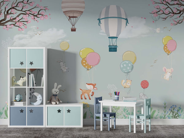 Tonların'da Uçan Balonlu Hayvanlar 3D Soft Mavi Duvar Kağıdı Poster