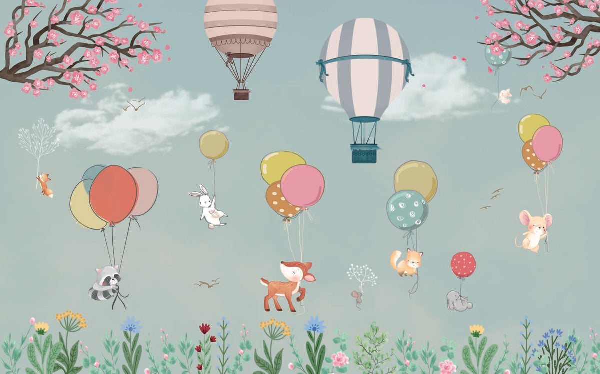 Tonların'da Uçan Balonlu Hayvanlar 3D Soft Mavi Duvar Kağıdı Poster