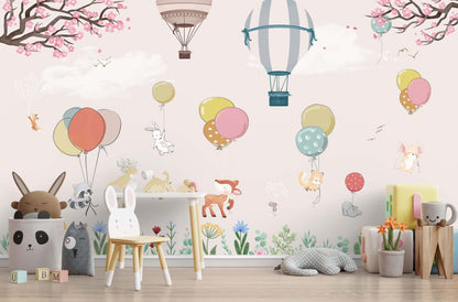 Soft Pembe Uçan Balonlu Hayvanlar 3D Duvar Kağıdı | Duvar Kağıdı Marketi