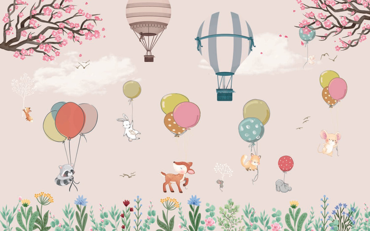 Uçan Balonlu Hayvanlar Soft Pembe Duvar Kağıdı Poster