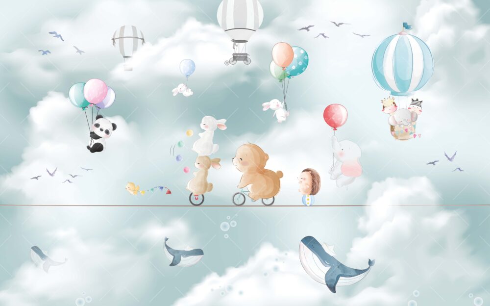İpin Üzerindeki Hayvanlar Balonlu Çocuk Odası Duvar Kağıdı Poster