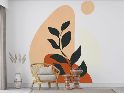 Boho Renklerde Yaprak ve Güneş Duvar Kağıdı