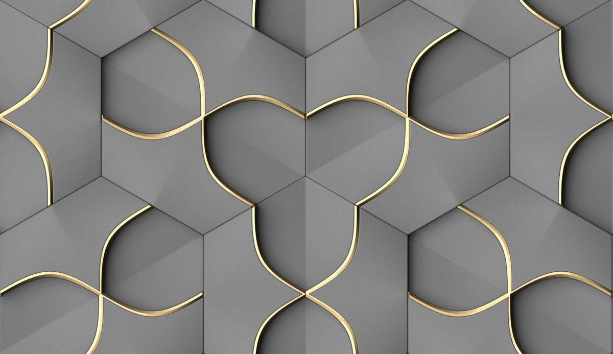 Gri Geometrik 3D Altın Detaylı Duvar Kağıdı Poster