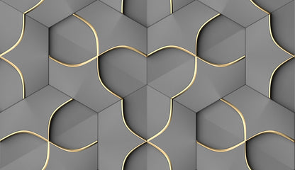 Altın Detaylı Gri Geometrik 3D Duvar Kağıdı