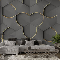 Gri Geometrik 3D Altın Detaylı Duvar Kağıdı Poster
