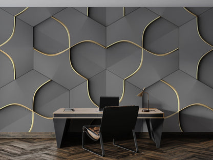 Altın Detaylı Gri Geometrik 3D Duvar Kağıdı