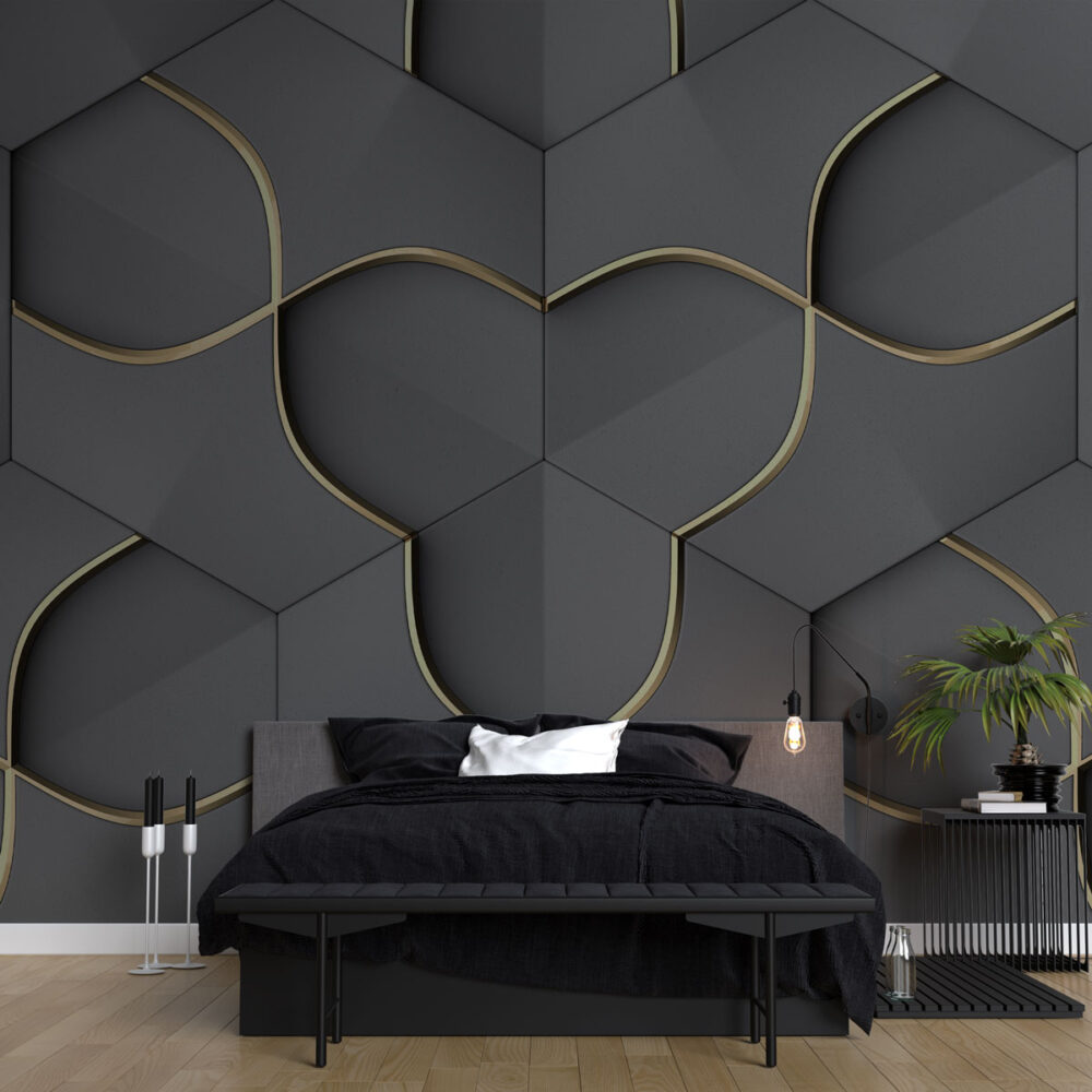 Gri Geometrik 3D Altın Detaylı Duvar Kağıdı Poster