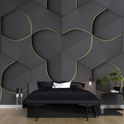 Altın Detaylı Gri Geometrik 3D Duvar Kağıdı