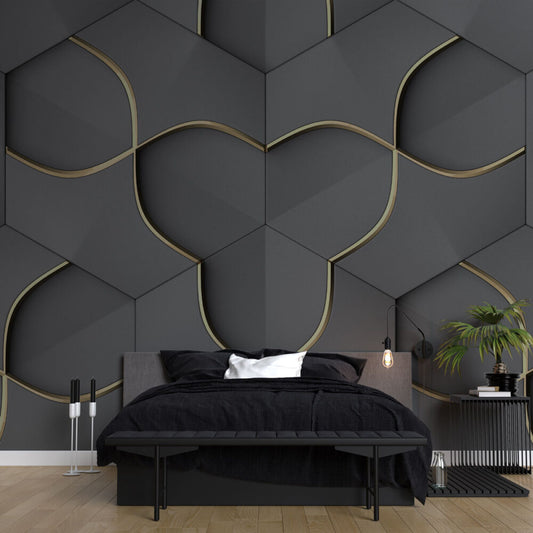 Altın Detaylı Gri Geometrik 3D Duvar Kağıdı