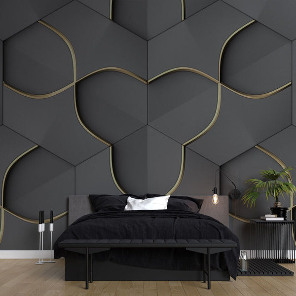 Gri Geometrik 3D Altın Detaylı Duvar Kağıdı Poster