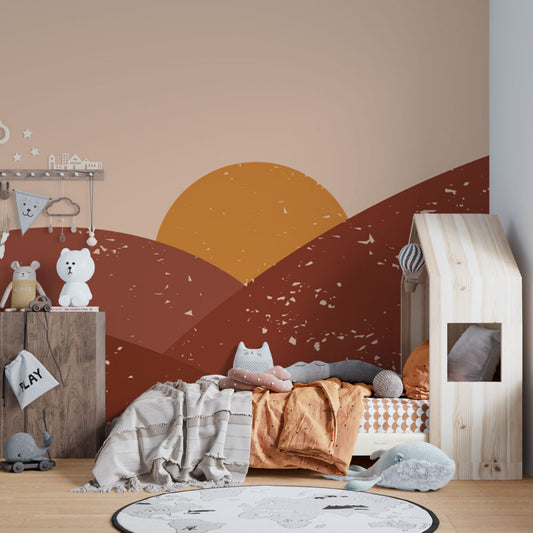 Boho Tarz Dağ ve Güneş Duvar Kağıdı