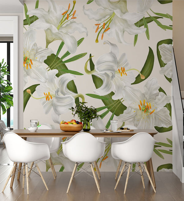 Çiçek Deseni Soft Beyaz Duvar Kağıdı Poster