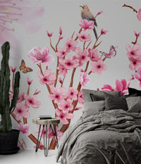 Daldaki Kuş Desenli 3D Pembe Çiçekli Duvar Kağıdı Poster