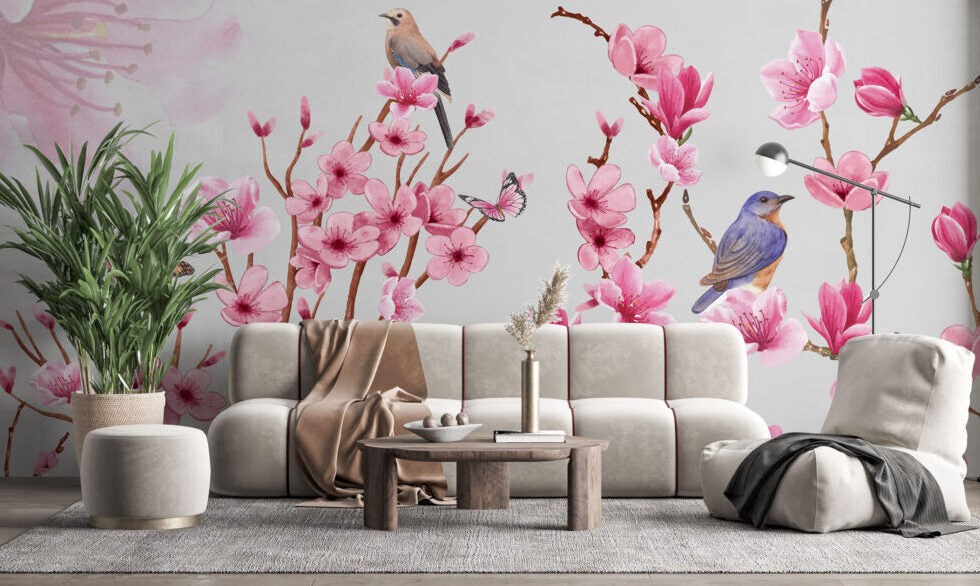 Daldaki Kuş Desenli 3D Pembe Çiçekli Duvar Kağıdı Poster