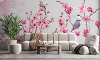 Daldaki Kuş Desenli 3D Pembe Çiçekli Duvar Kağıdı Poster