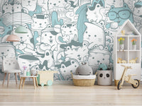 Zeminli Küçük Minnoşlu Desenli 3D Soft Turkuaz Duvar Kağıdı Poster