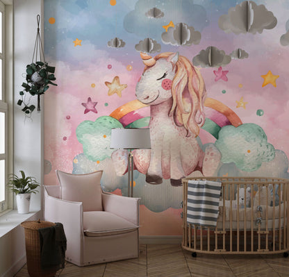 Bulutlarda Gök Kuşaklı Unicorn Duvar Kağıdı
