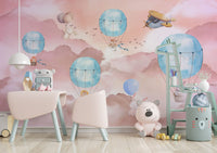 Tonların'da Uçan Sevimli Hayvanlı 3D Soft Pembe Duvar Kağıdı Poster