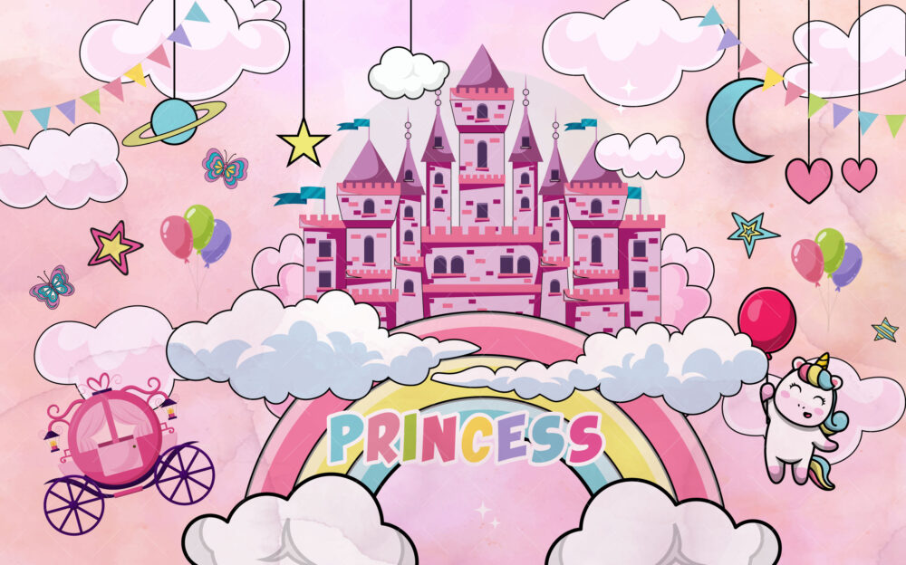 Unicornlu Çocuk Prenses Şatolu Duvar Kağıdı Poster