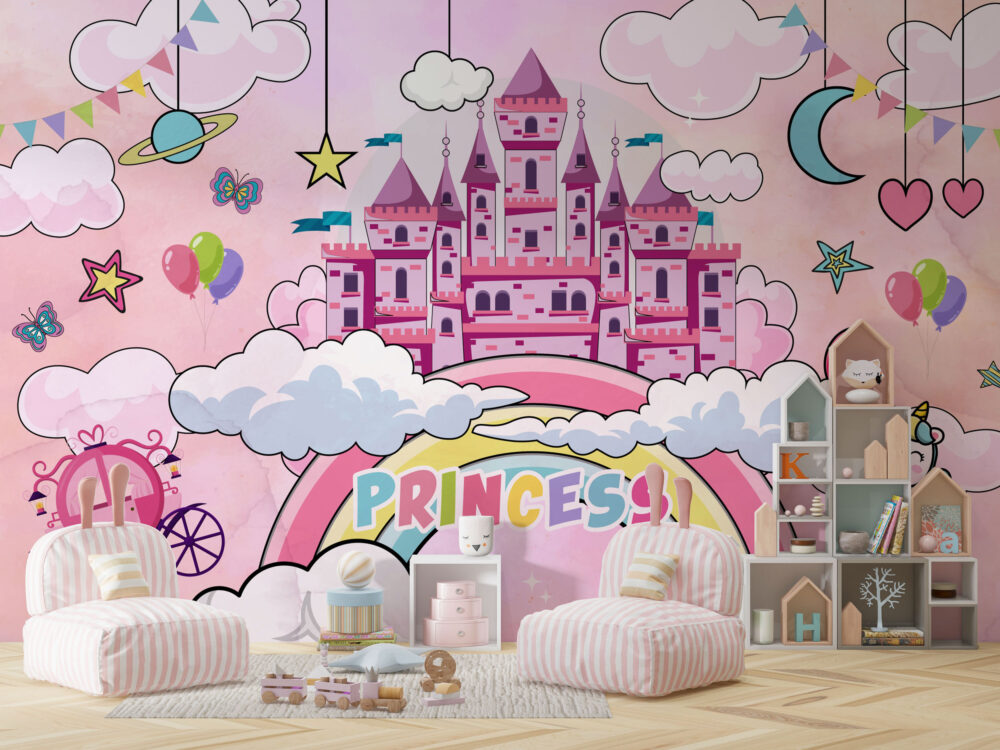 Prenses Şatolu Unicornlu Çocuk Duvar Kağıdı