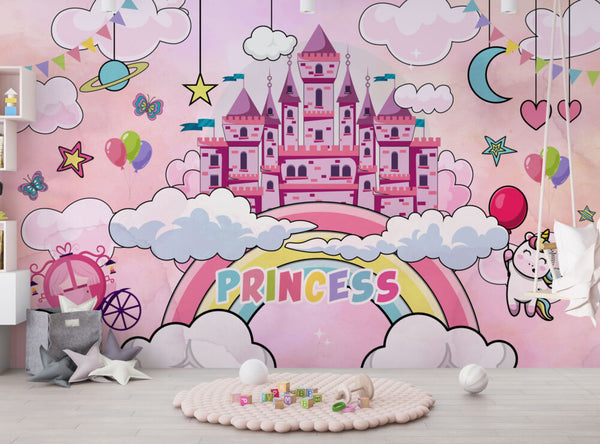 Unicornlu Çocuk Prenses Şatolu Duvar Kağıdı Poster
