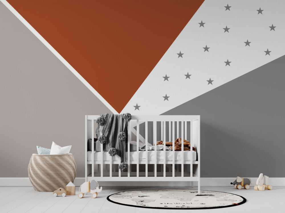 Gri Tonların'da Yıldızlı Geometrik Desenli Çocuk Soft Bordo Duvar Kağıdı Poster