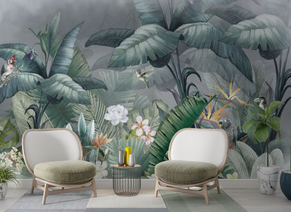 Tropikal Kuşlu Çiçekli Duvar Kağıdı Poster