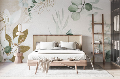 Altın Rengi ve Soft Tonlarda Yapraklar Duvar Kağıdı | Duvar Kağıdı Marketi 360x240 360cm En 240cm Boy Self Kendinden Yapışkanlı