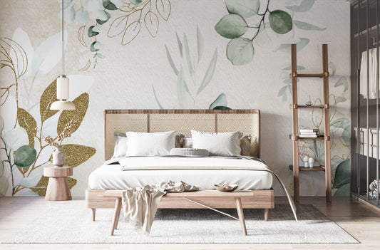 Altın Rengi ve Soft Tonlarda Yapraklar Duvar Kağıdı | Duvar Kağıdı Marketi 360x240 360cm En 240cm Boy Self Kendinden Yapışkanlı