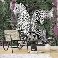 Leopar Figürlü Pembe Tropikal Siyah Beyaz Duvar Kağıdı Poster