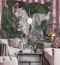 Leopar Figürlü Pembe Tropikal Siyah Beyaz Duvar Kağıdı Poster