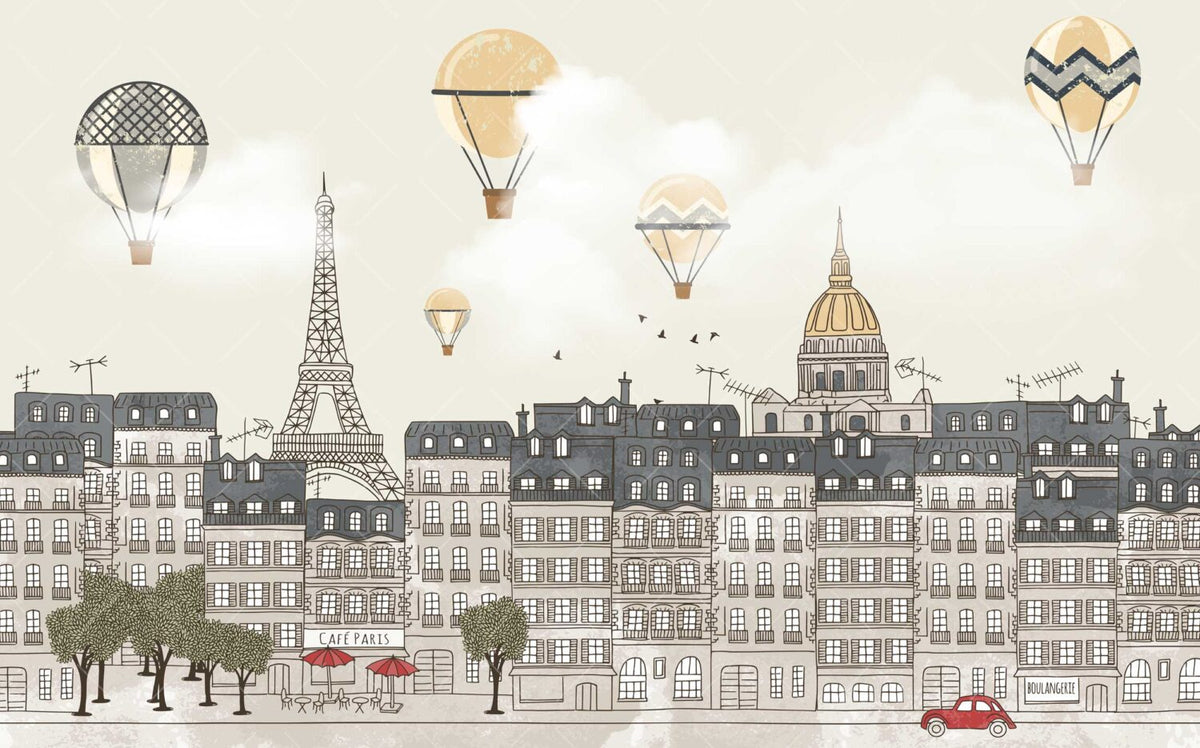 Uçan Balonlu Paris Şehri Duvar Kağıdı Poster