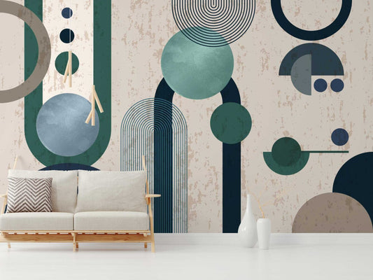 Geometrik Desenler Yeşil Tonlarda Modern Duvar Kağıdı | Duvar Kağıdı Marketi
