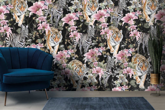 Zebra ve Kaplan Desenli Çiçek Duvar Kağıdı
