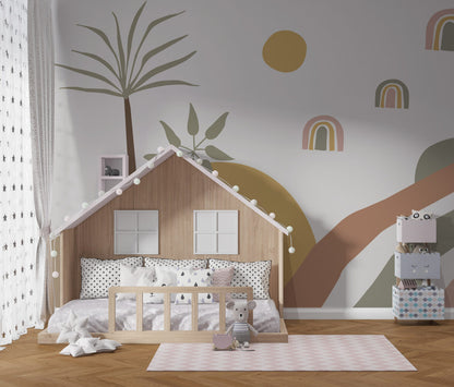 Boho Renklerde Palmiye Gökkuşağı Duvar Kağıdı