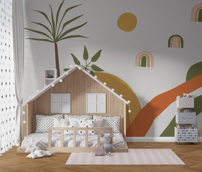 Boho Canlı Renklerde Palmiye Gökkuşağı Duvar Kağıdı