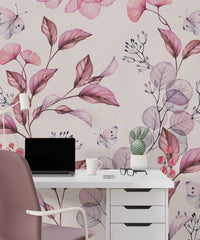 Tonların'da Çicekler Kelebek Soft Pembe Duvar Kağıdı Poster