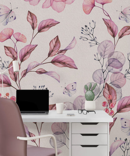 Soft Pembe Tonların'da Çicekler Ve Kelebek Duvar Kağıdı