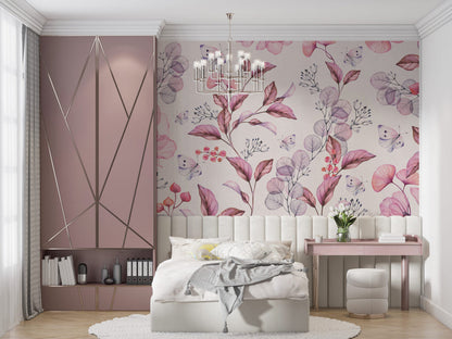 Soft Pembe Tonların'da Çicekler Ve Kelebek Duvar Kağıdı