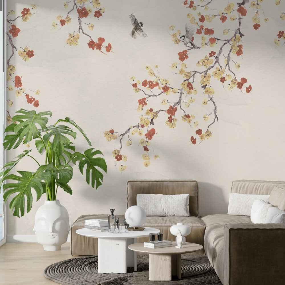 Soft Tonlarda Aşağıya Sarkan Dallar Arasında Uçan Kuş Desenli 3D Duvar Kağıdı