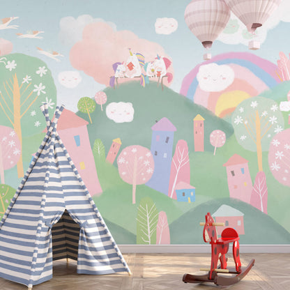 Dağ Figürlü Unicorn 3D Çocuk Duvar Kağıdı