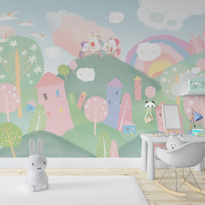 Dağ Figürlü Unicorn 3D Çocuk Duvar Kağıdı